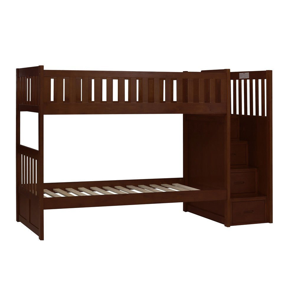 Catherine Twin over Twin Bunk Bed Storage Step Solid Wood Dark Brown By Casagear Home
