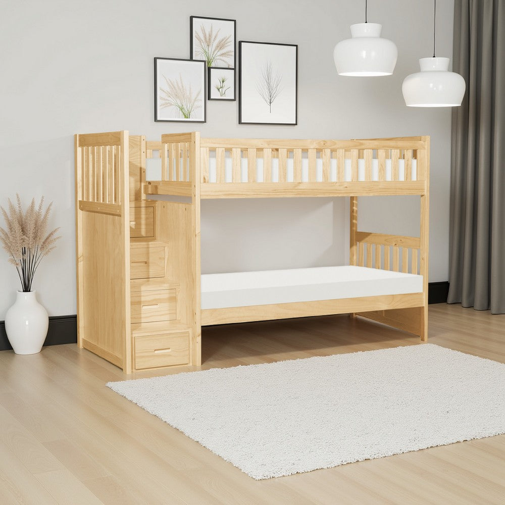 Catherine Twin over Twin Bunk Bed, Storage Step, Natural Brown, Solid Wood By Casagear Home