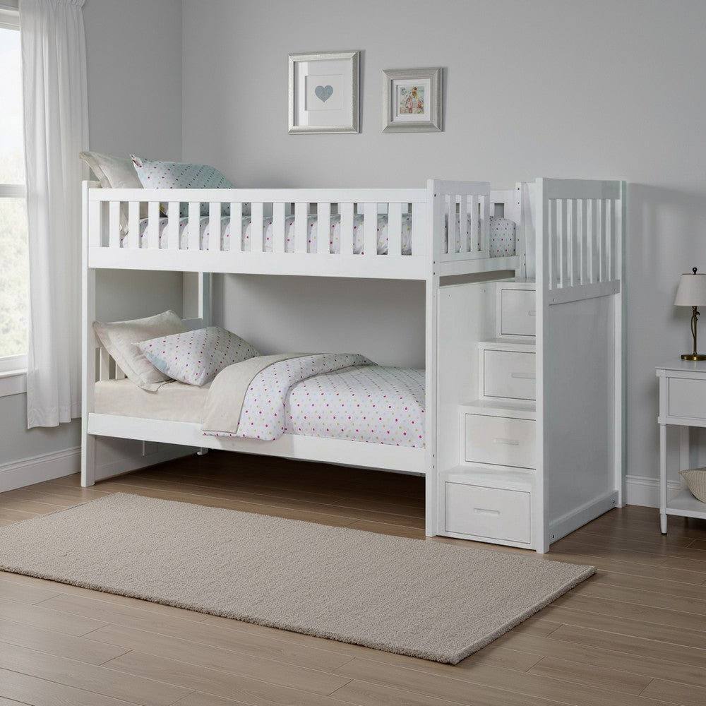 Catherine Twin over Twin Bunk Bed, Storage Step, White Veneer, Solid Wood By Casagear Home