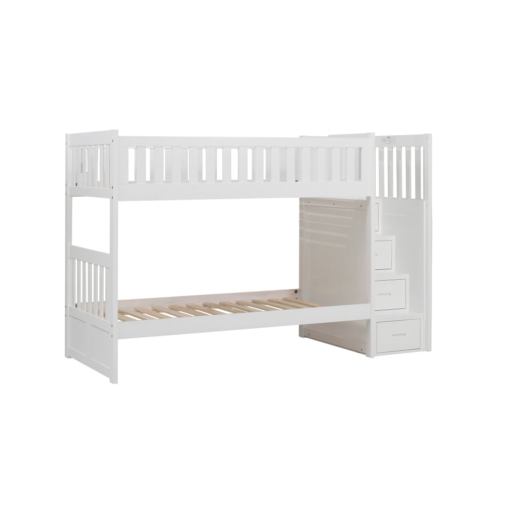 Catherine Twin over Twin Bunk Bed Storage Step White Veneer Solid Wood By Casagear Home BM314262