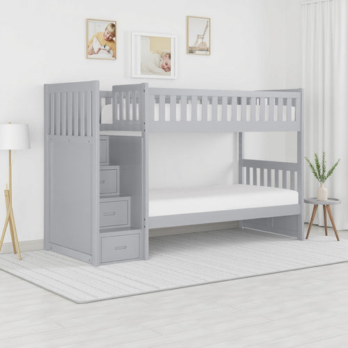 Catherine Twin over Twin Bunk Bed, Storage Step, Gray Veneer, Solid Wood By Casagear Home