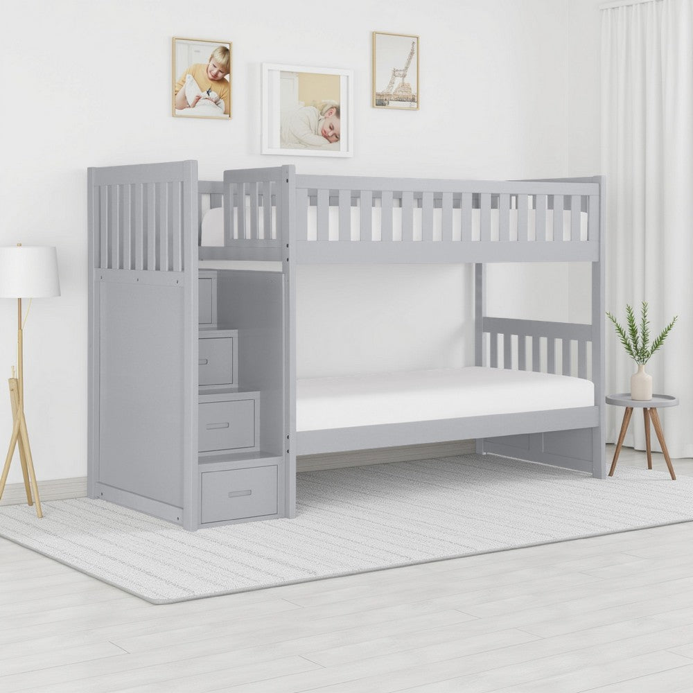 Catherine Twin over Twin Bunk Bed, Storage Step, Gray Veneer, Solid Wood By Casagear Home
