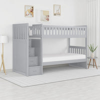 Catherine Twin over Twin Bunk Bed, Storage Step, Gray Veneer, Solid Wood By Casagear Home