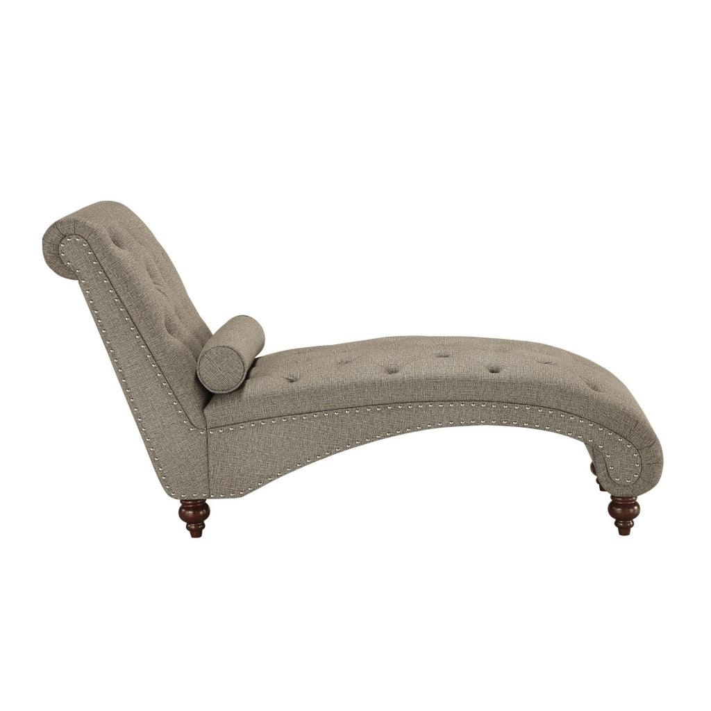 Amey 69 Inch Chaise Lounger Solid Wood Rolled Button Tufted Gray Fabric By Casagear Home BM314265