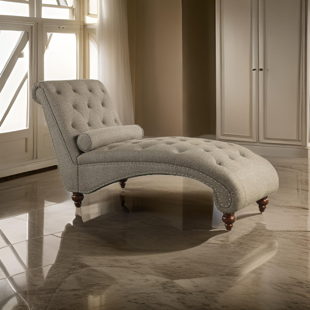 Amey 69 Inch Chaise Lounger, Solid Wood, Rolled Button Tufted Gray Fabric By Casagear Home