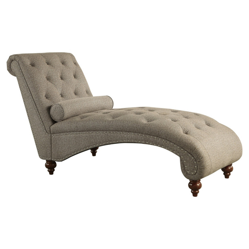 Amey 69 Inch Chaise Lounger Solid Wood Rolled Button Tufted Gray Fabric By Casagear Home BM314265