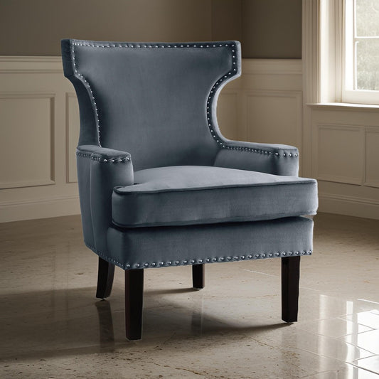 32 Inch Accent Armchair Wingback Design, Gray Velvet, Silver Nailhead Trim By Casagear Home