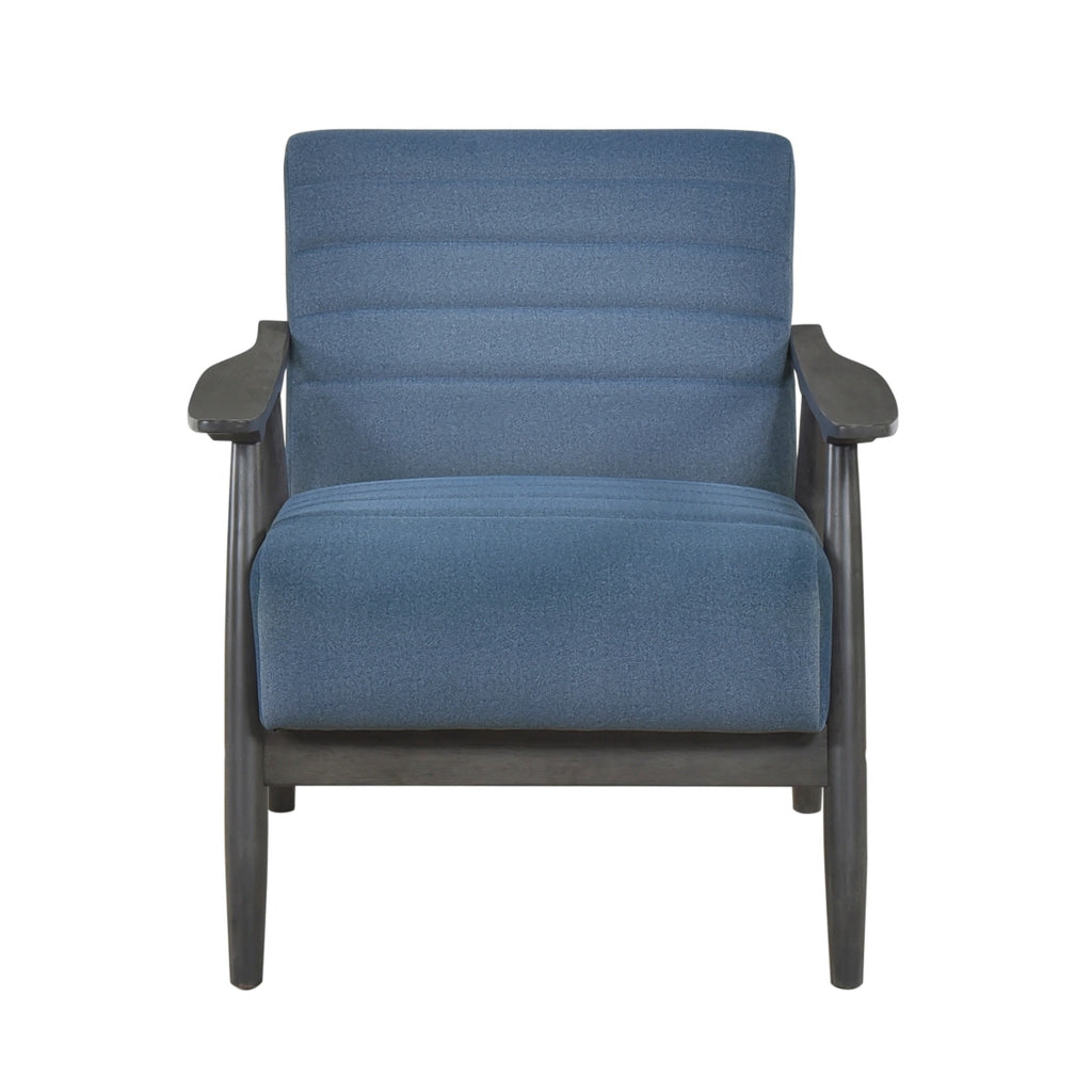 Tira 32 Inch Accent Chair Channel Stitched Blue Velvet Gray Solid Wood By Casagear Home BM314270