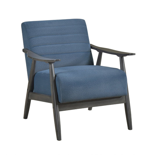 Tira 32 Inch Accent Chair, Channel Stitched, Blue Velvet, Gray Solid Wood By Casagear Home