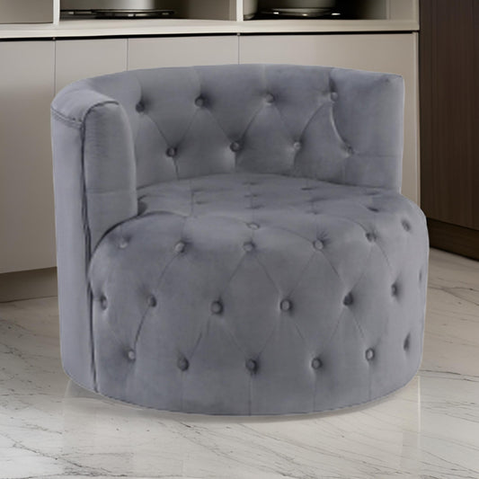 Alix 33 Inch Swivel Accent Chair, Round Design, Button Tufted Gray Velvet By Casagear Home