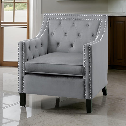 Soma 31 Inch Accent Armchair, Button Tufted Gray Velvet, Nailhead Trim By Casagear Home