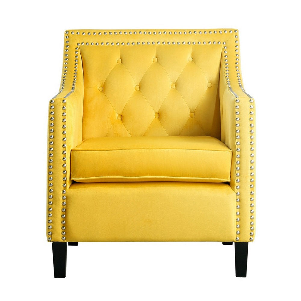 Soma 31 Inch Accent Armchair Button Tufted Yellow Velvet Nailhead Trim By Casagear Home BM314277