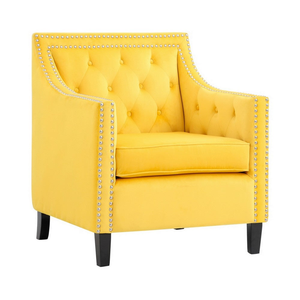 Soma 31 Inch Accent Armchair Button Tufted Yellow Velvet Nailhead Trim By Casagear Home BM314277