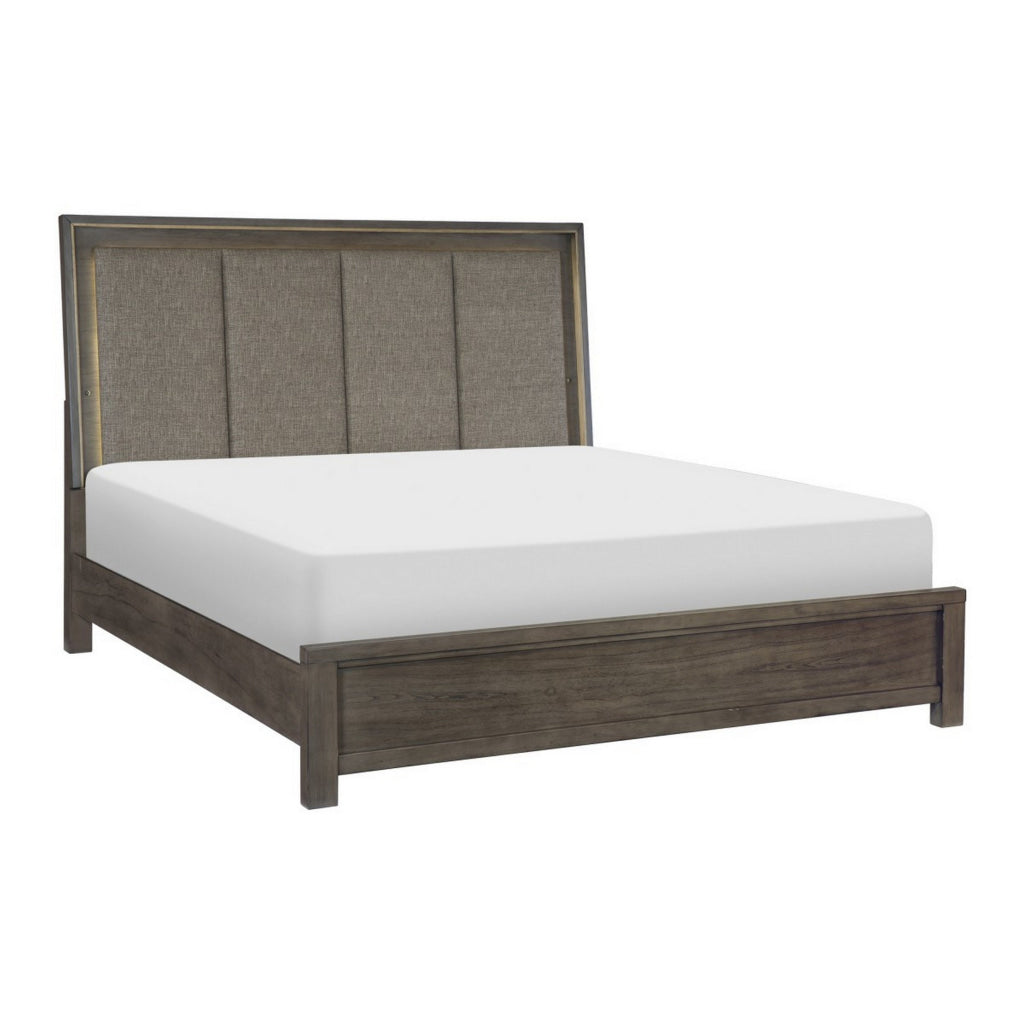 Carie Queen Bed LED Lit Upholstered Headboard Brown Gray Solid Wood By Casagear Home BM314280