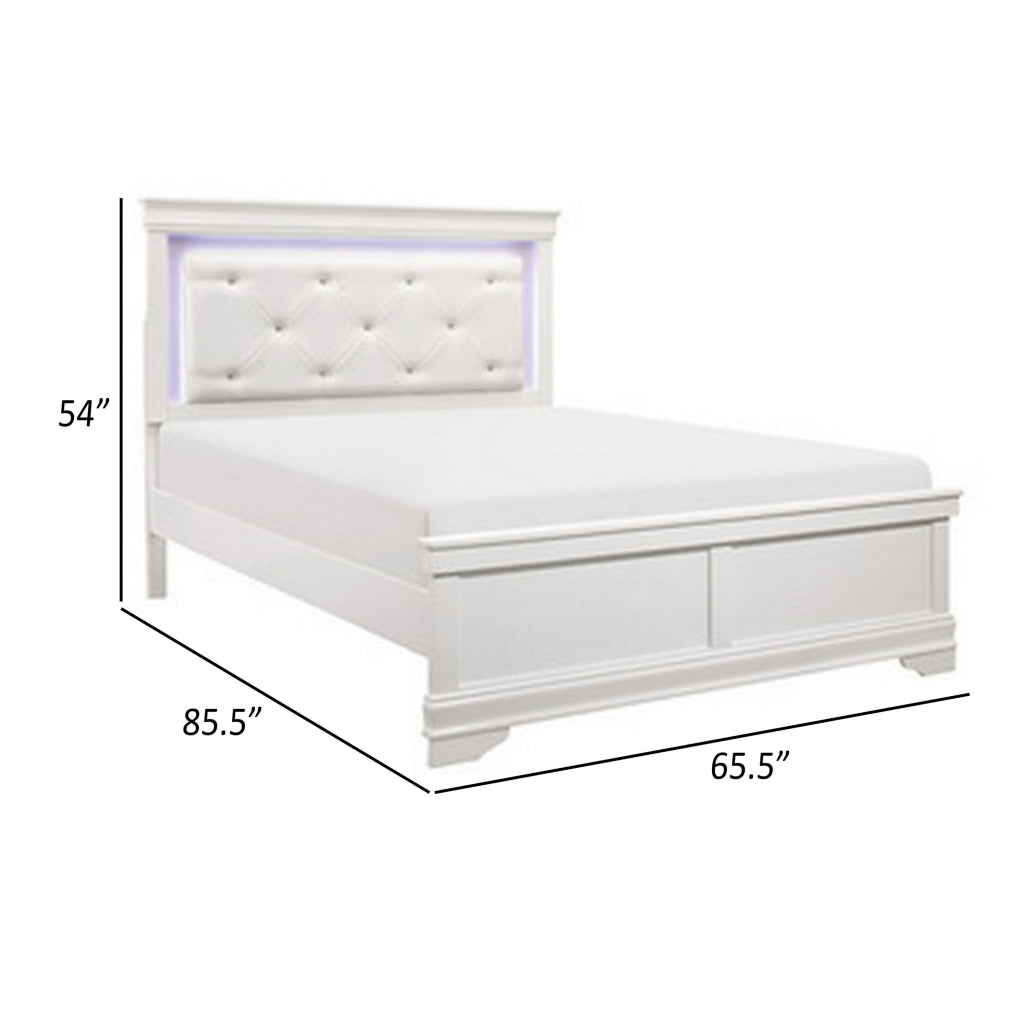 Teich Queen Bed LED Crystal Tufted Faux Leather Upholstery White Wood By Casagear Home BM314281