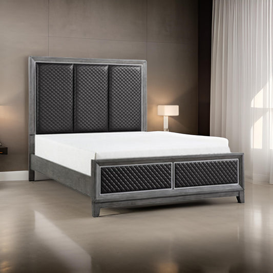 Stacy Queen Bed, Gray Faux Leather Upholstered Panels, Silver, Gray Wood By Casagear Home