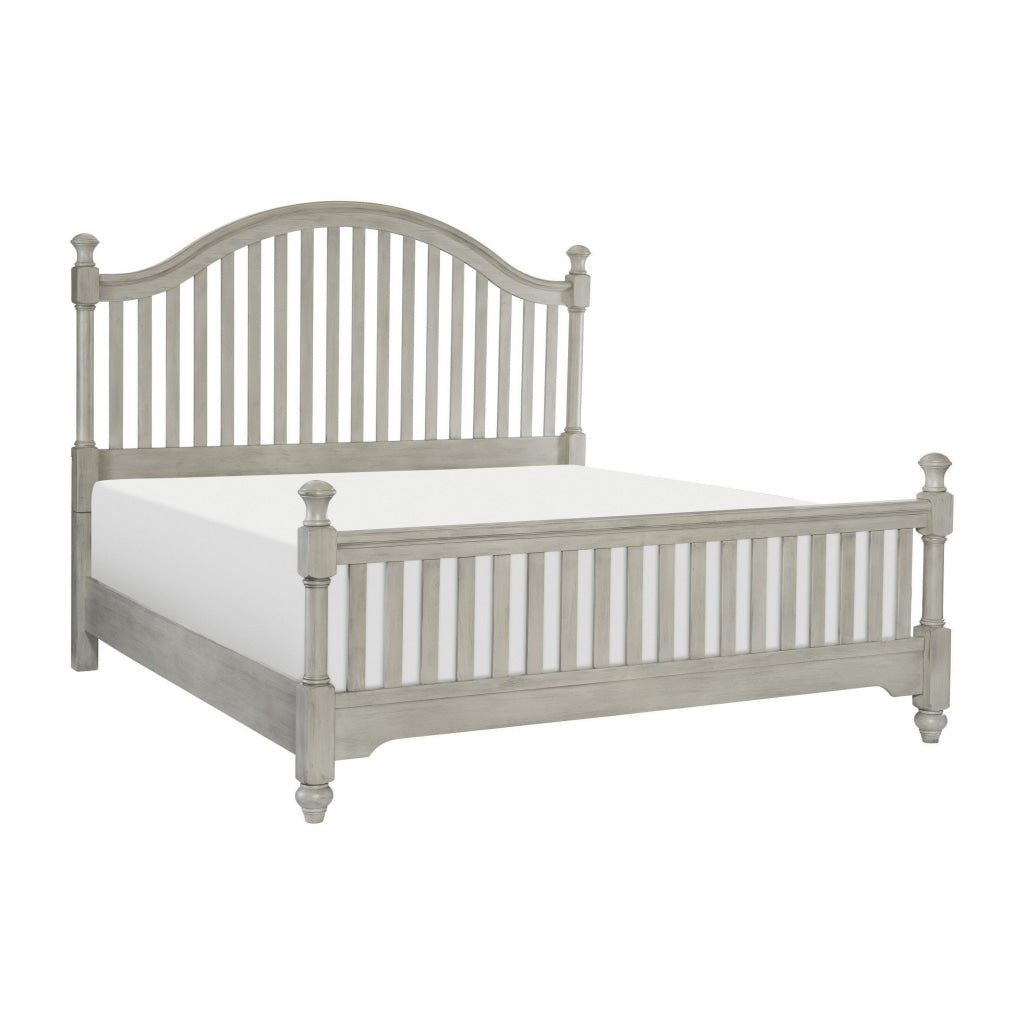 Ugo Queen Bed Slatted Arched Headboard Finial Accents Gray Wood Frame By Casagear Home BM314284