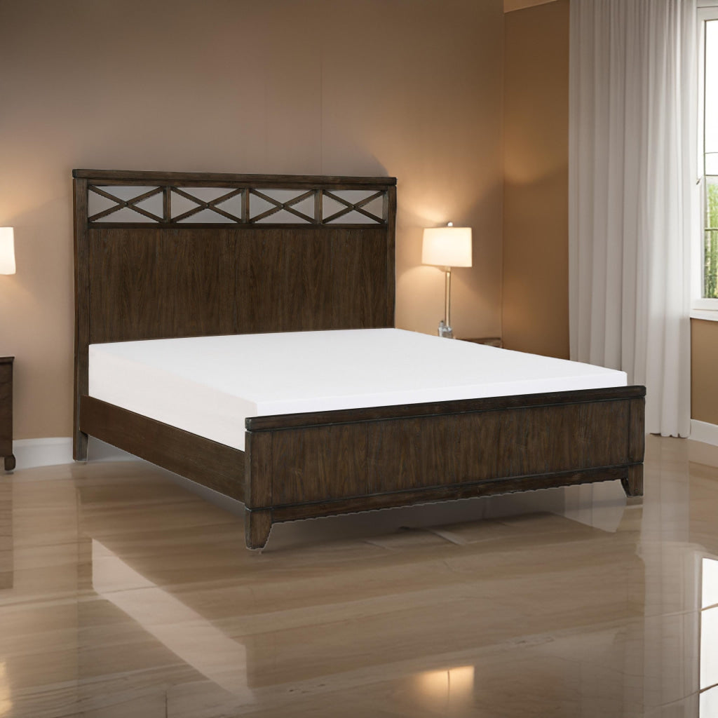 Gia Queen Bed, X Shaped Panel Accents on The Headboard, Dark Brown Wood By Casagear Home