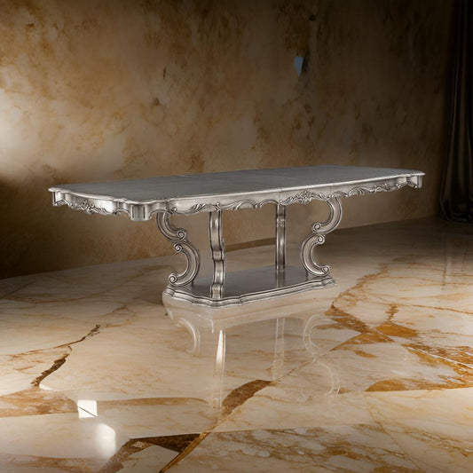 Aria 85-102 Inch Dining Table, Extendable Wood Top Classic Antique Platinum By Casagear Home