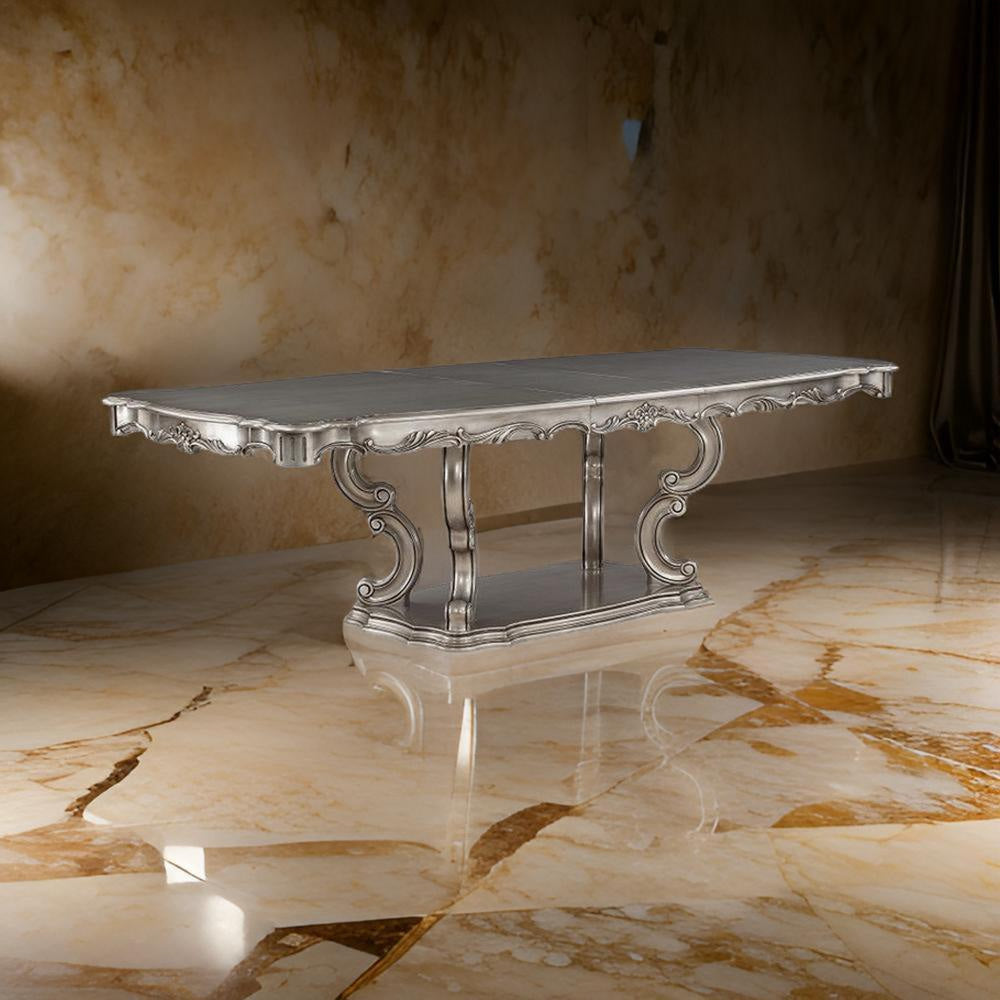 Aria 85-102 Inch Dining Table, Extendable Wood Top Classic Antique Platinum By Casagear Home
