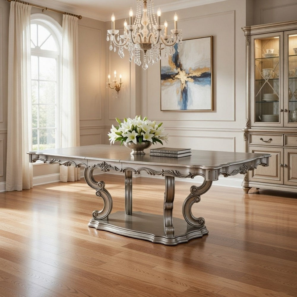 Aria 85-102 Inch Dining Table, Extendable Wood Top Classic Antique Platinum By Casagear Home