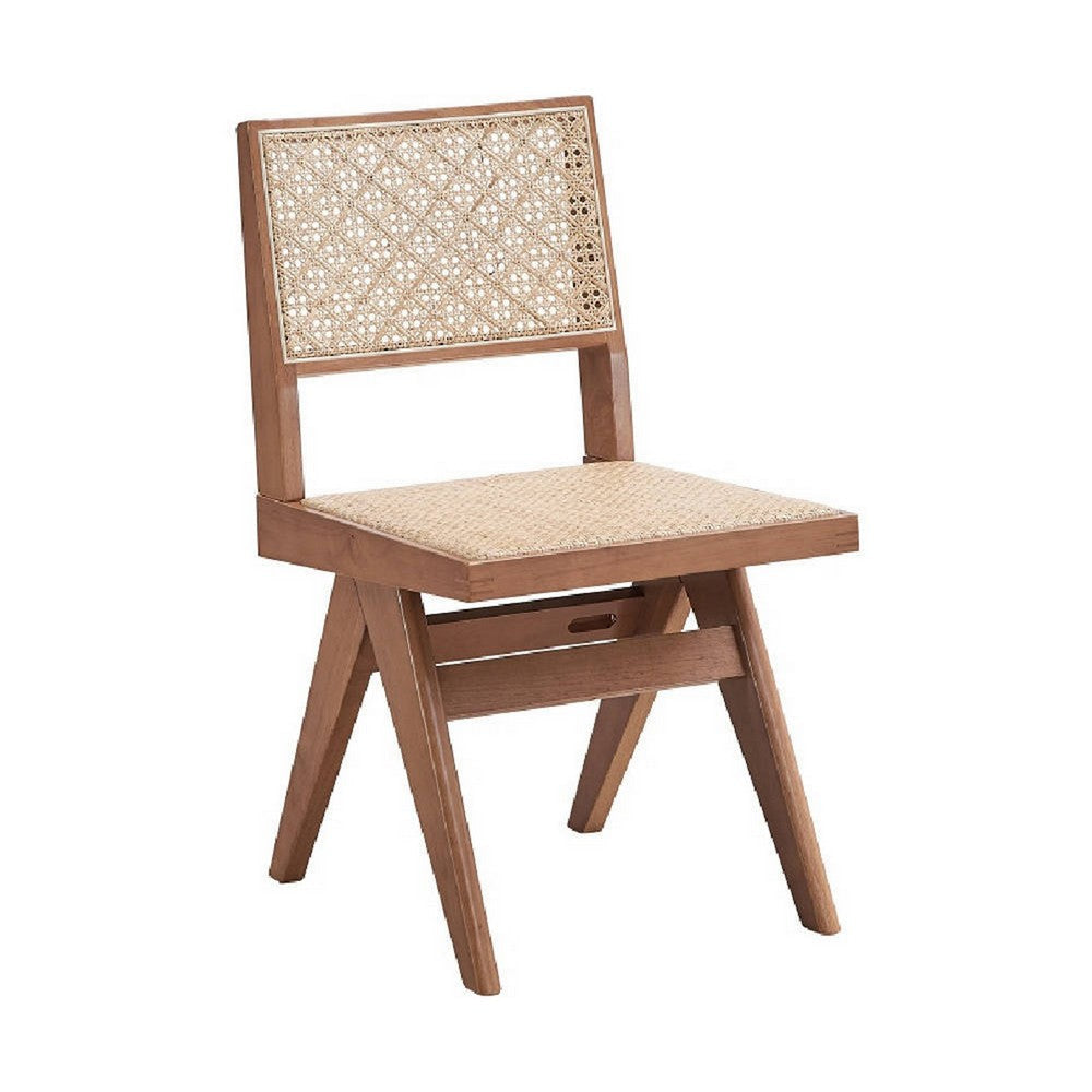 Tina 22 Inch Side Dining Chair Set of 2 Woven Rattan Natural Brown Wood By Casagear Home BM314306