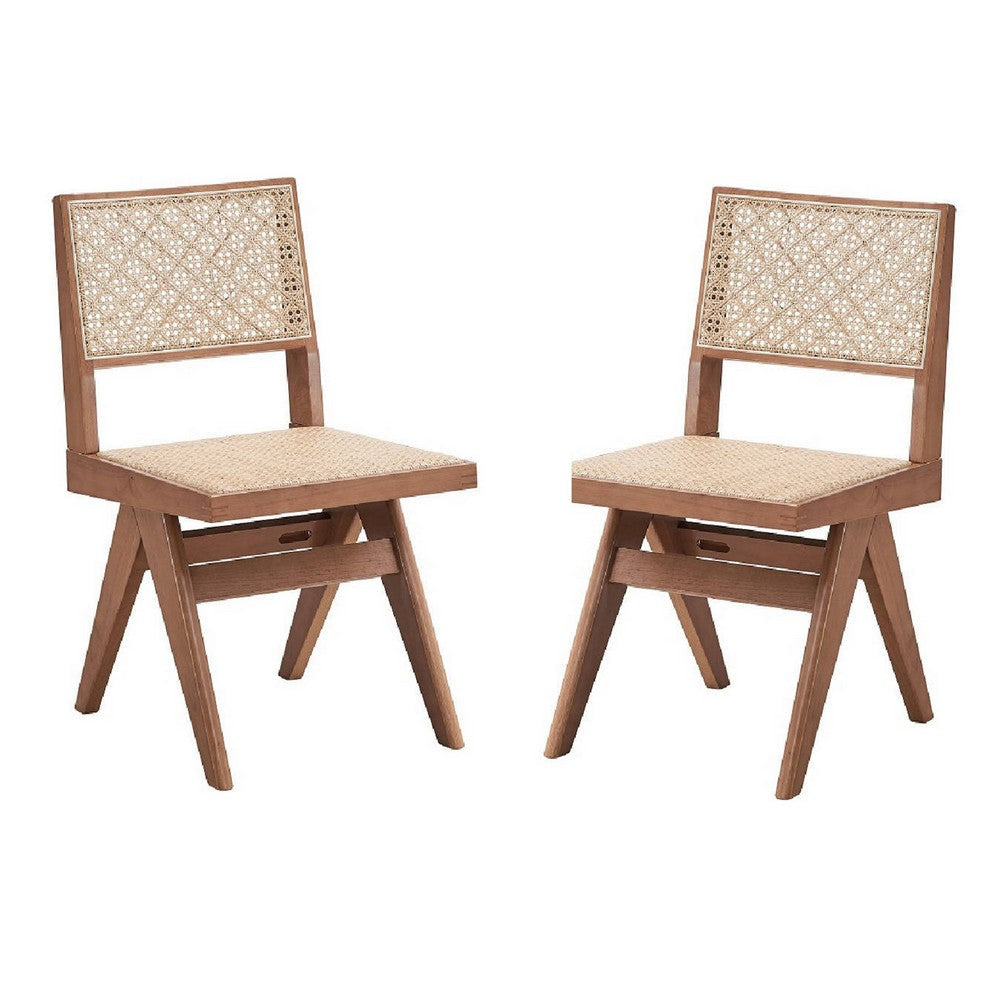 Tina 22 Inch Side Dining Chair Set of 2 Woven Rattan Natural Brown Wood By Casagear Home BM314306