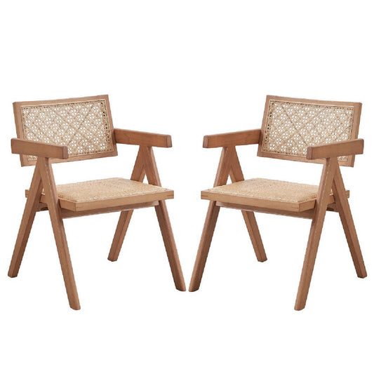 Tina 22 Inch Dining Armchair Set of 2, Woven Rattan, Natural Brown Wood By Casagear Home