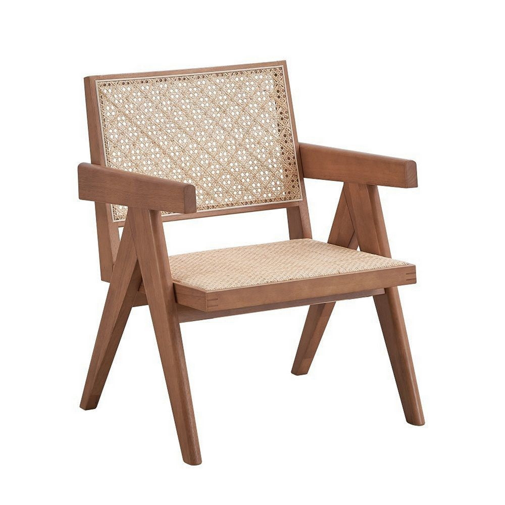 Tina 26 Inch Accent Armchair Woven Rattan Natural Brown Wood Finish By Casagear Home BM314309