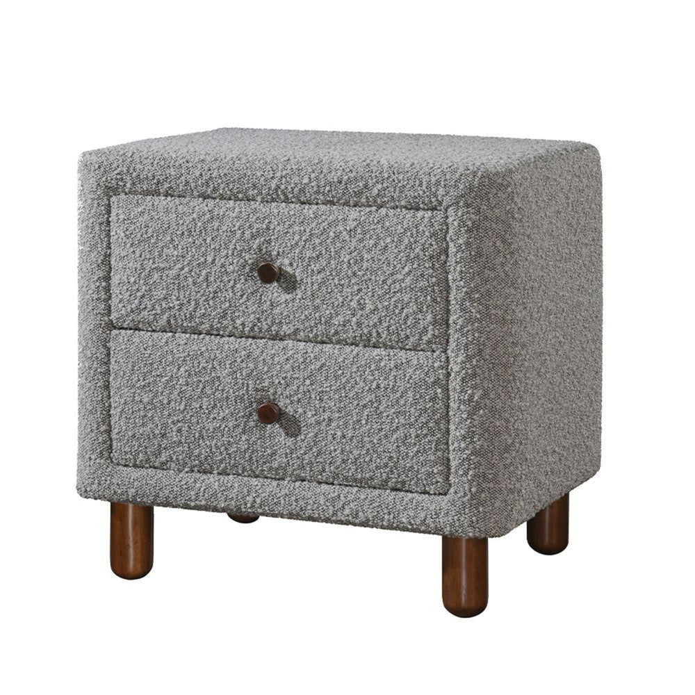 Lyno 20 Inch Nightstand, 2 Drawers, Brown Legs, Gray Boucle Upholstery By Casagear Home