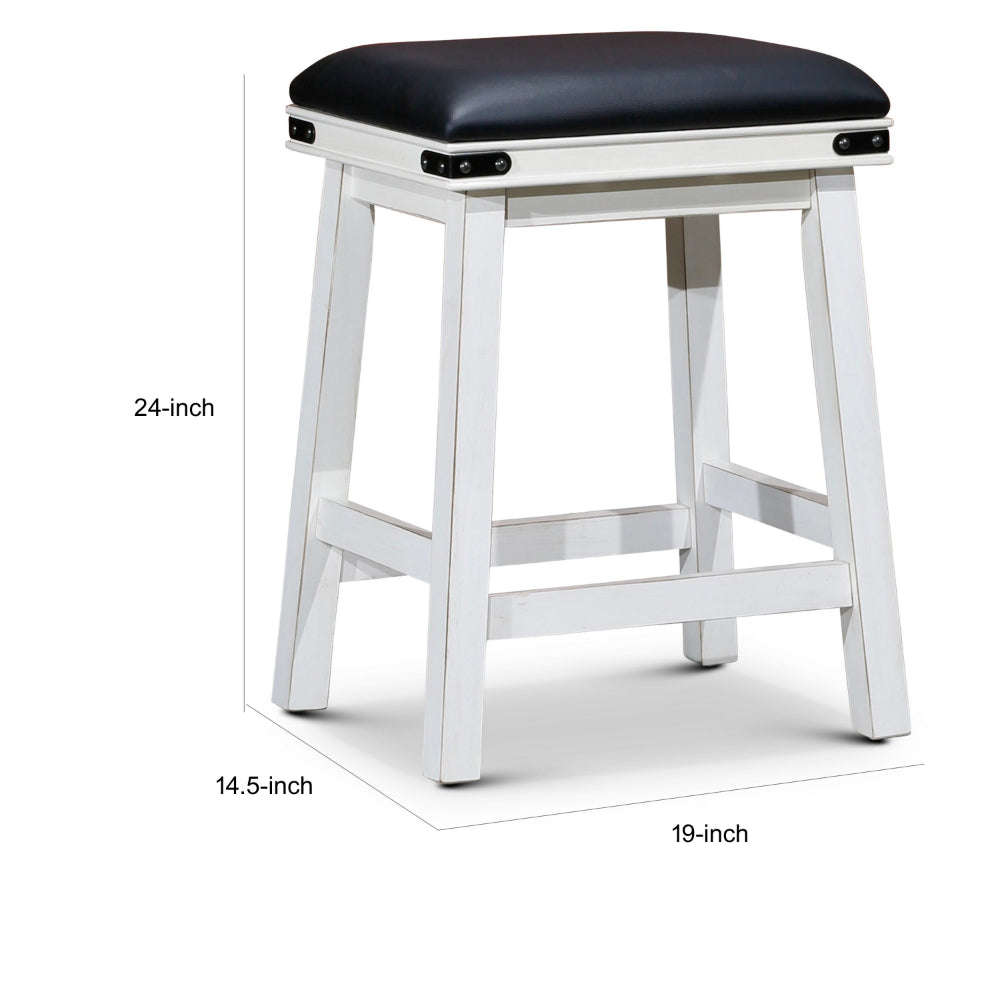 Nio 24 Inch Counter Stool, Black Bonded Leather Seat, Antique White Finish By Casagear Home
