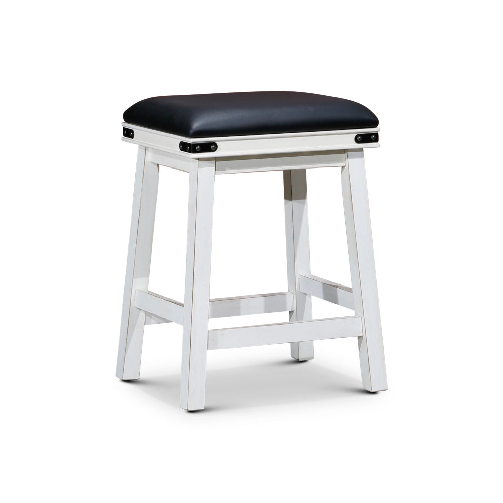 Nio 24 Inch Counter Stool, Black Bonded Leather Seat, Antique White Finish By Casagear Home