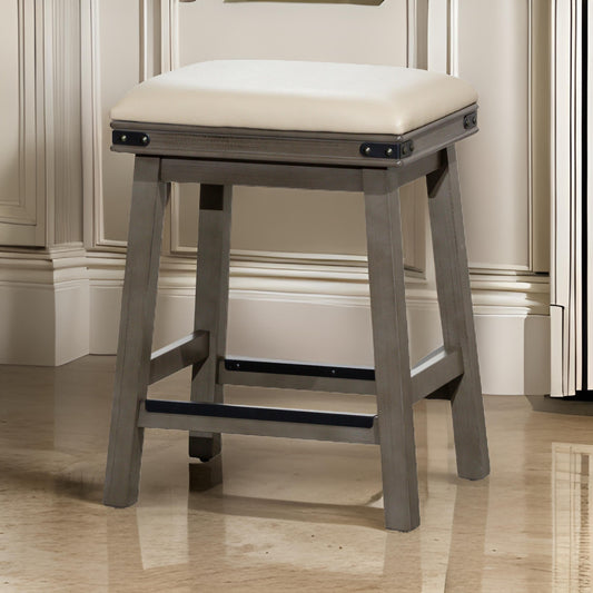 24 Inch Counter Stool, Weathered Gray Finish, French Gray Leather Seat By Casagear Home