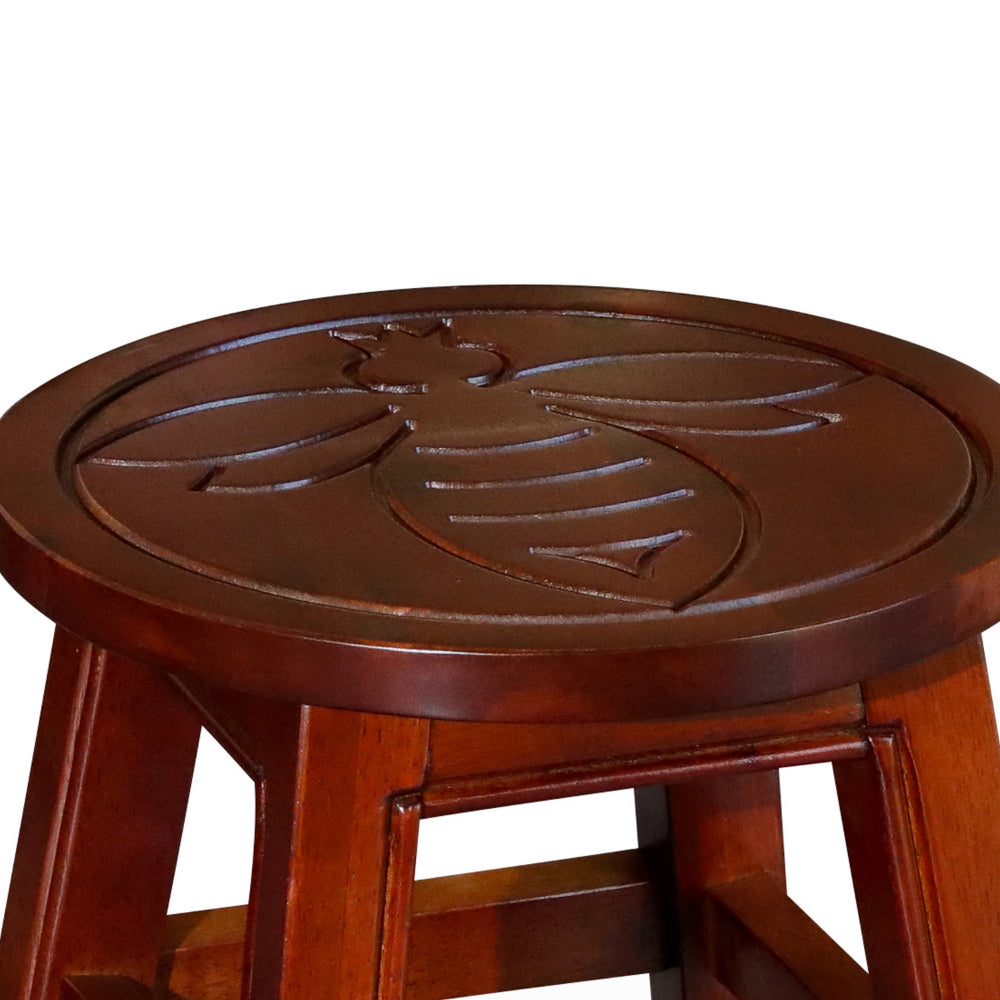 11 Inch Step Stool Footrest, Wood Carved Queen Bee, Round, Cherry Brown By Casagear Home