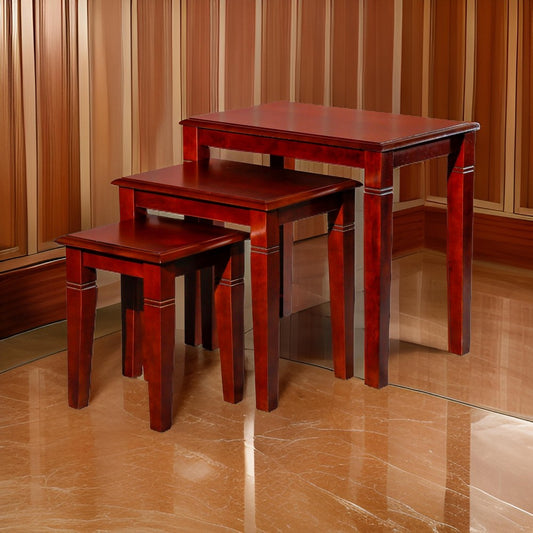 3 Piece Nesting Side Accent Table Set, Sleek Carved Cherry Brown Wood By Casagear Home