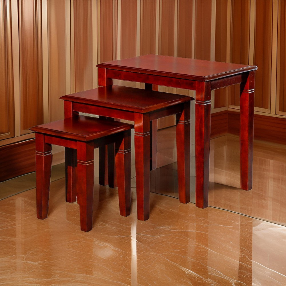 3 Piece Nesting Side Accent Table Set, Sleek Carved Cherry Brown Wood By Casagear Home