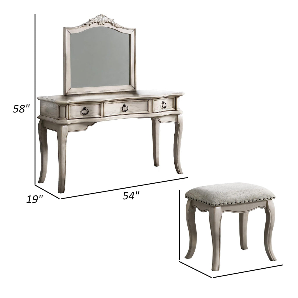 Fyn 60 Inch Vanity Desk Set with Stool and Mirror White Solid Wood By Casagear Home BM314381