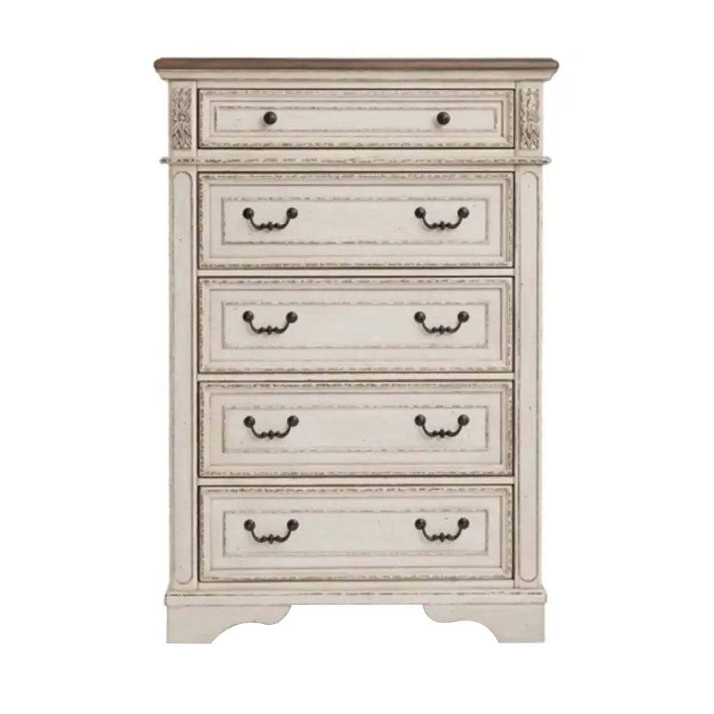 Beny 52 Inch Tall Dresser Chest with 5 Drawers Black Handles White Wood By Casagear Home BM314384