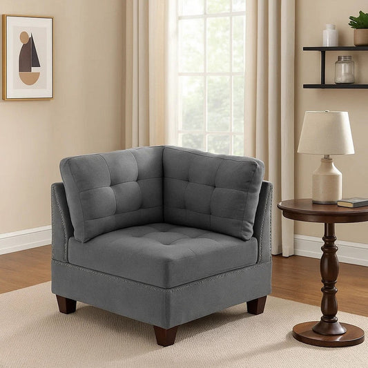 Lemy 32 Inch Modular Corner Sofa Chair, Tufted Gray Upholstery, Solid Wood By Casagear Home