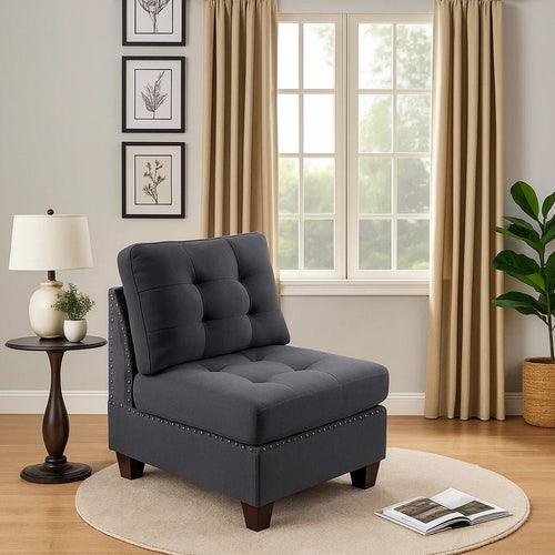 Lemy 32 Inch Modular Armless Sofa Chair, Tufted Gray Upholstery, Solid Wood By Casagear Home