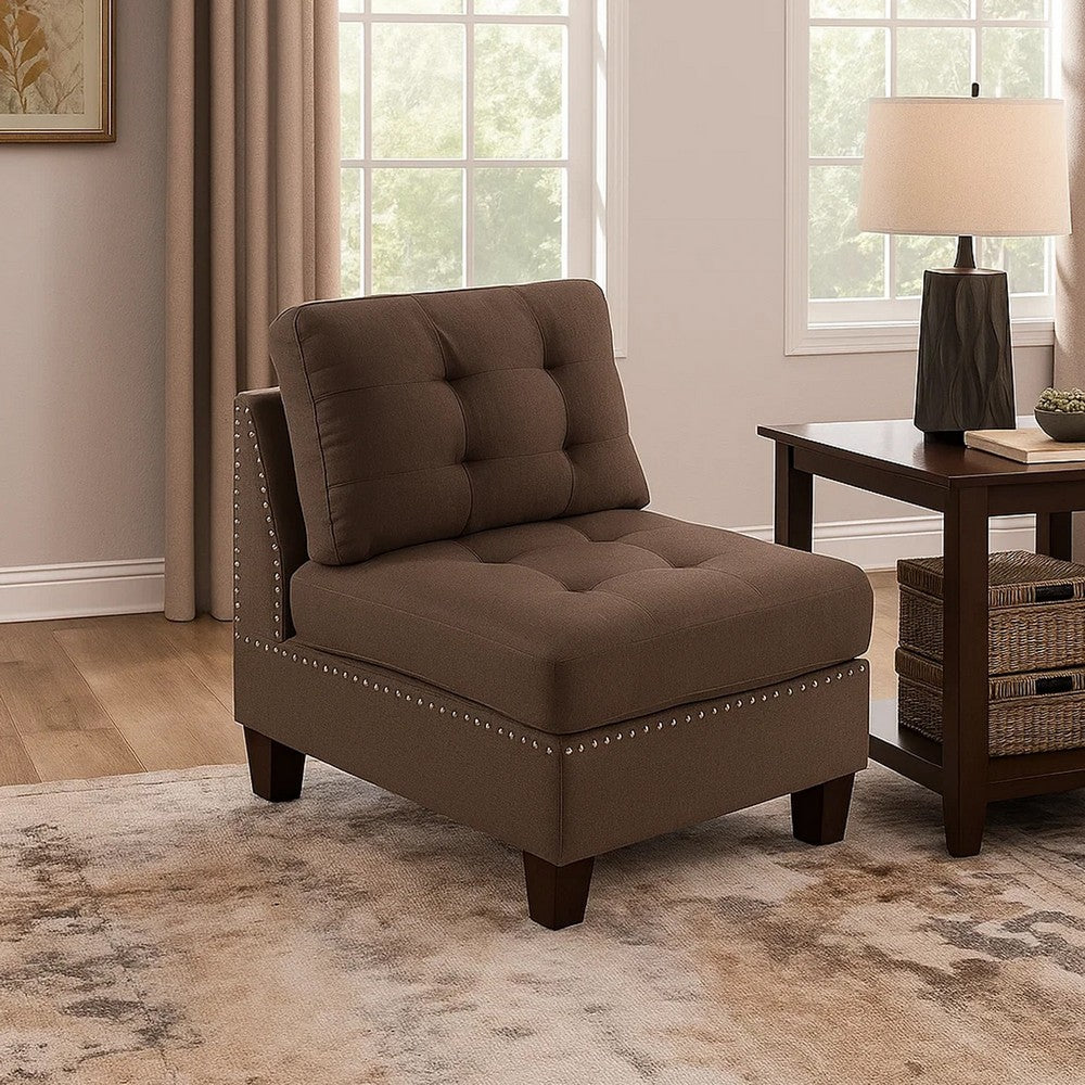 Lemy 32 Inch Modular Armless Sofa Chair, Tufted Brown Fabric, Solid Wood By Casagear Home