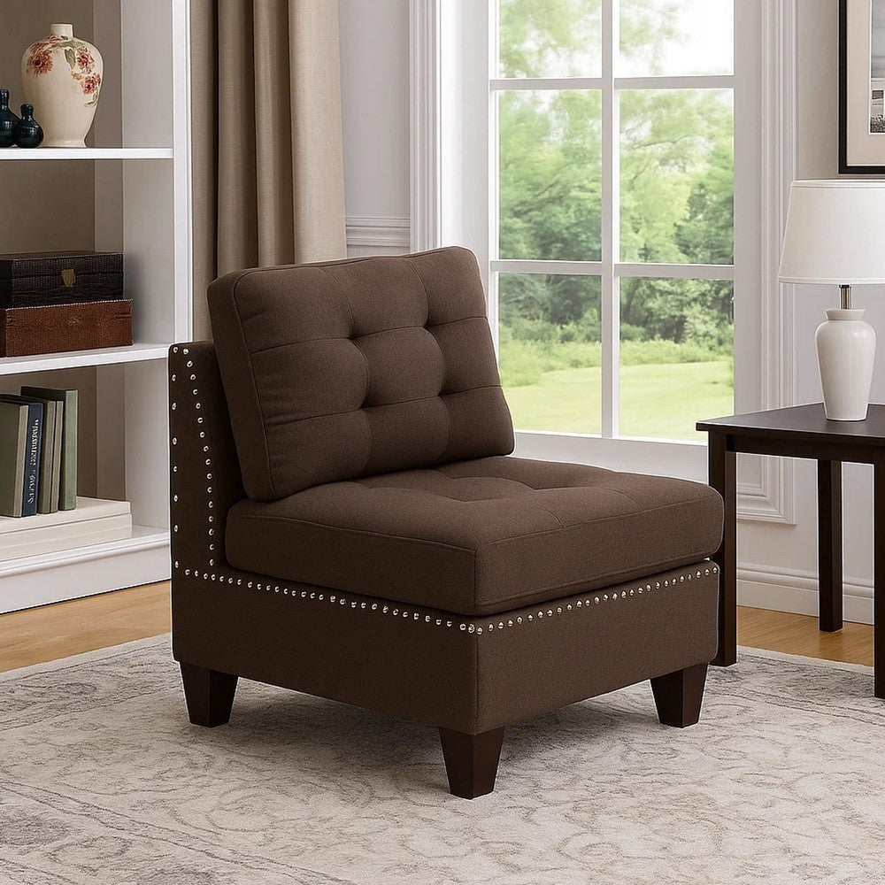 Lemy 32 Inch Modular Armless Sofa Chair, Tufted Brown Fabric, Solid Wood By Casagear Home