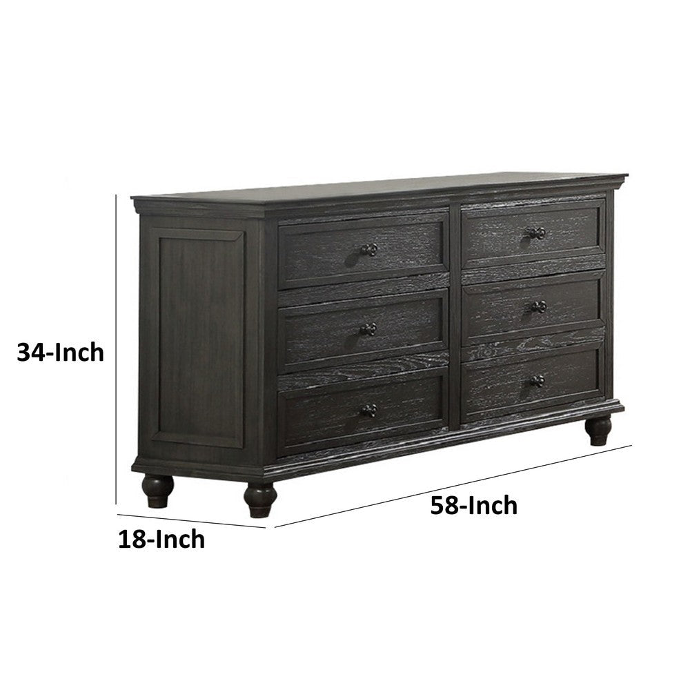 Zenny 58 Inch Wide Dresser with 6 Drawers Metal Knobs Farmhouse Gray Wood By Casagear Home BM314394