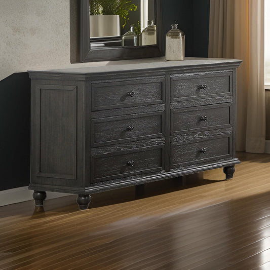 Zenny 58 Inch Wide Dresser with 6 Drawers, Metal Knobs, Farmhouse Gray Wood By Casagear Home