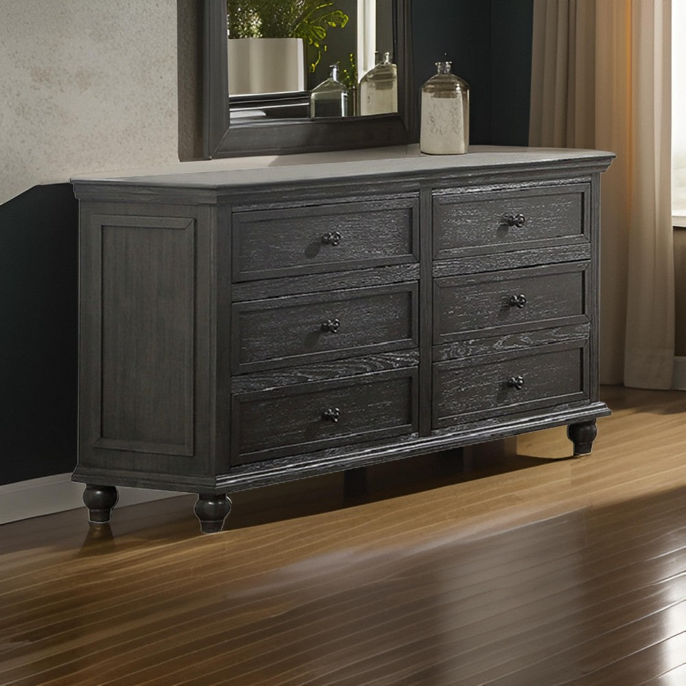 Zenny 58 Inch Wide Dresser with 6 Drawers, Metal Knobs, Farmhouse Gray Wood By Casagear Home