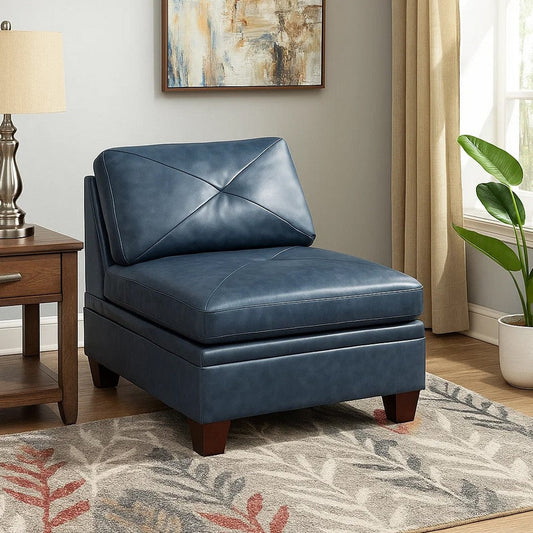 Samy 37 Inch Modular Armless Sofa Chair, Blue Faux Leather, Solid Wood By Casagear Home