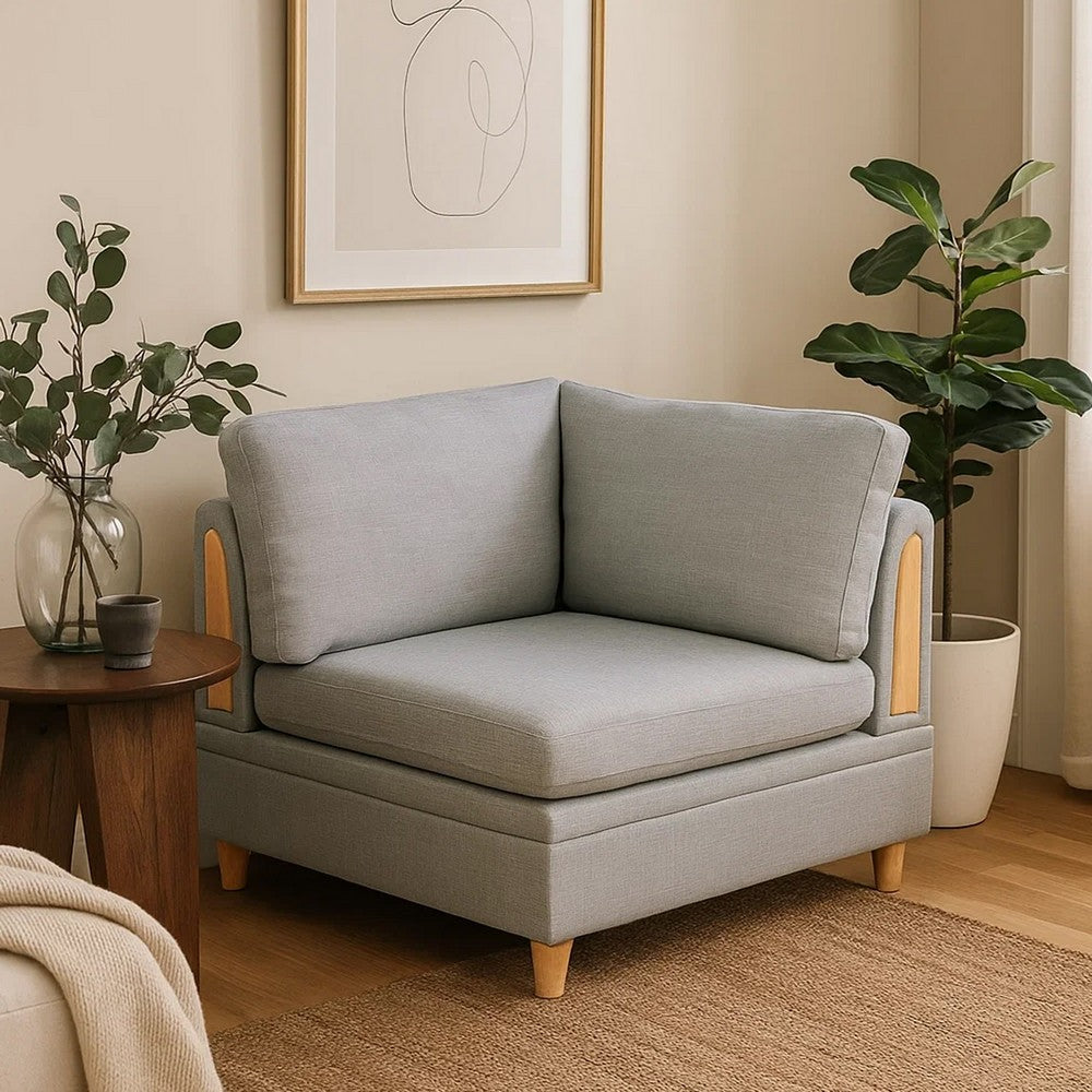 Gimy 37 Inch Modular Corner Sofa Chair, Light Gray Dorris Fabric, Wood By Casagear Home