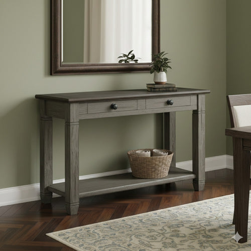 Rome 48 Inch Sofa Table, Rectangular, 2 Drawers, Brown, Gray, Solid Wood By Casagear Home