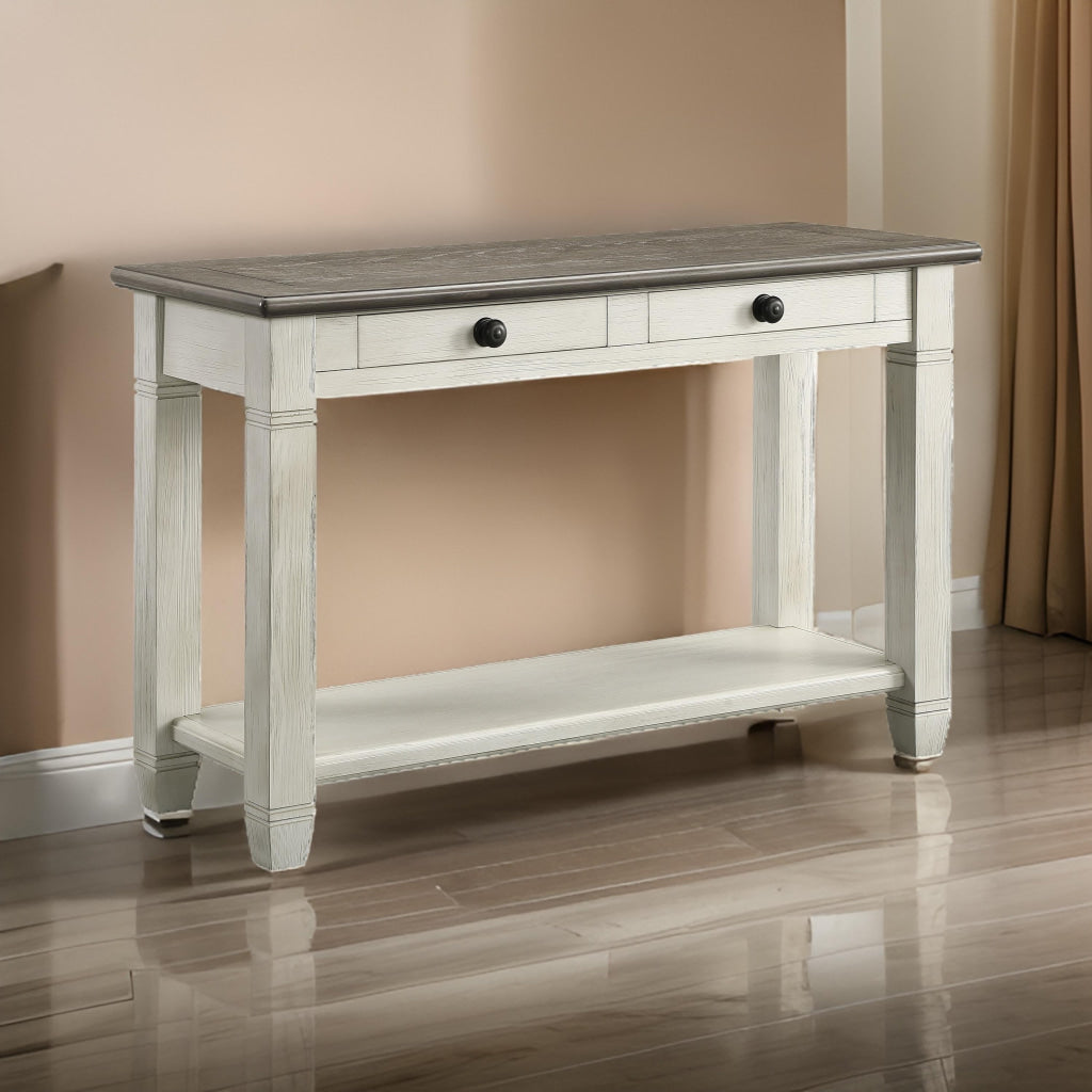 Rome 48 Inch Sofa Table, Rectangular, 2 Drawers, White, Brown, Solid Wood By Casagear Home