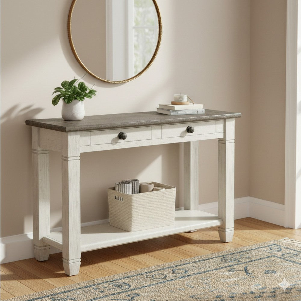 Rome 48 Inch Sofa Table, Rectangular, 2 Drawers, White, Brown, Solid Wood By Casagear Home